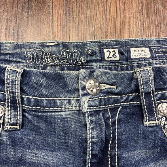 Miss Me Mid-Rise Easy Straight Jeans Embellished Distressed Medium Wash Size 28 - Picture 5 of 13